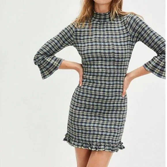 Free People Autumn Chill Plaid Mod Cotton Mini Dress in Light Sage - Picture 1 of 5